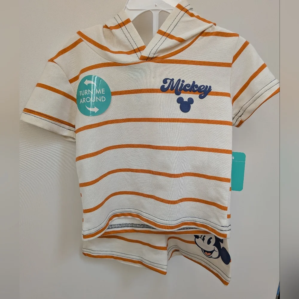 NWT Disney Baby Cream Striped Two Piece Shirt Hoodie And Shorts Size 12 Months